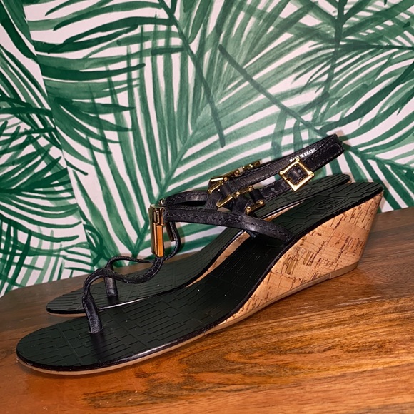 Tory Burch Black Leather Pauline Wedge Strappy Sandals Women’s 8.5 M - Picture 3 of 13